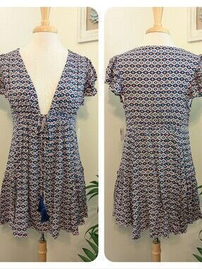 MOD Boho Summer Tie Front Short Sleeve Exotic Print Mini Dress Blue Pink Small